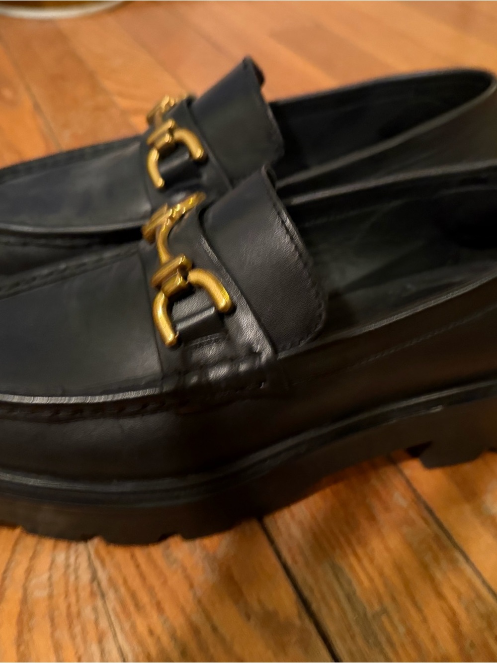 Zara womens Black Leather Bit Loafers with Gold Hardware-worn once